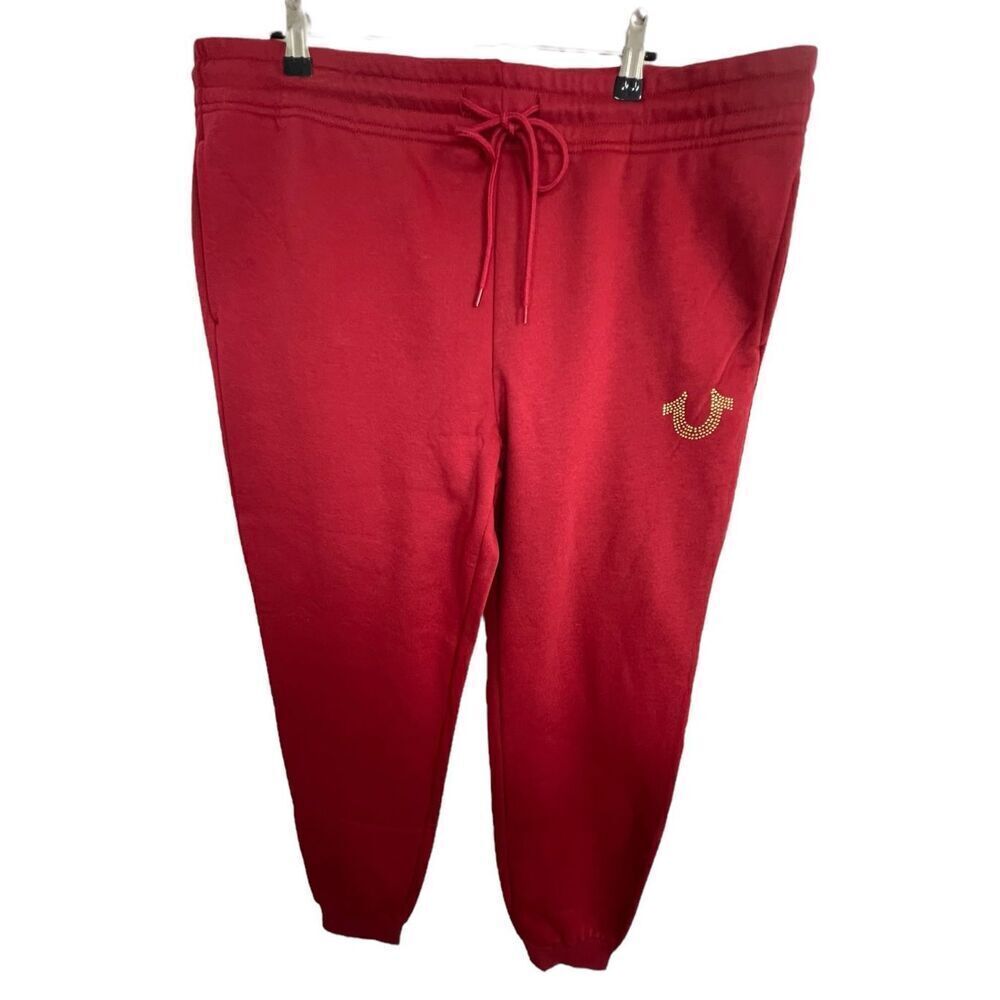 NWT True Religion Red Fleece Joggers With Gold Studded Horseshoe